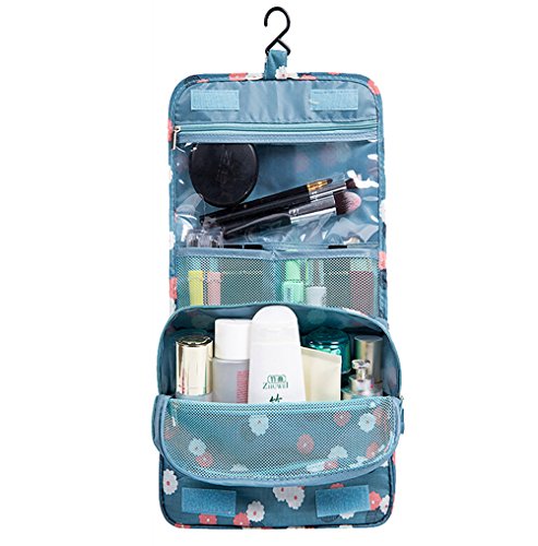 AKIRO Hanging Toiletry Kit Clear Travel BAG Cosmetic Carry Case Toiletry (Flower in Sky Blue)