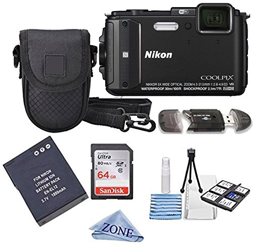 Nikon COOLPIX AW130 16.0-Megapixel 5X Optical Waterproof Digital Camera + Extra Battery, 64GB Memory...