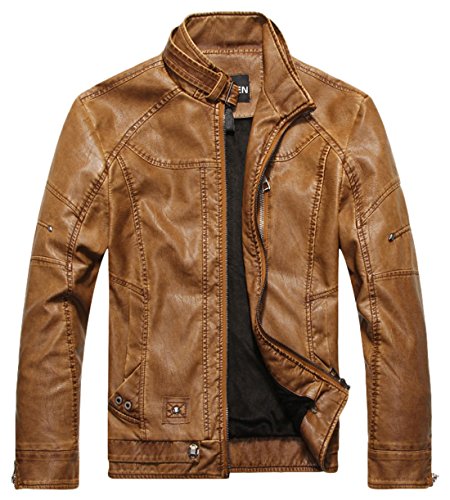 chouyatou Men's Vintage Stand Collar Pu Leather Jacket