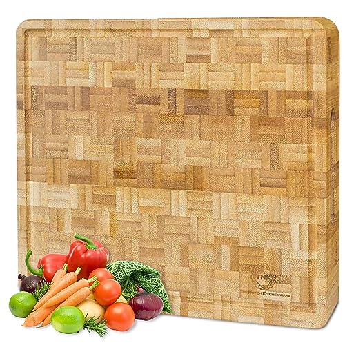 Small End Grain Bamboo Cutting Board | Professional, Butcher Block | Non-Slip Rubber Feet