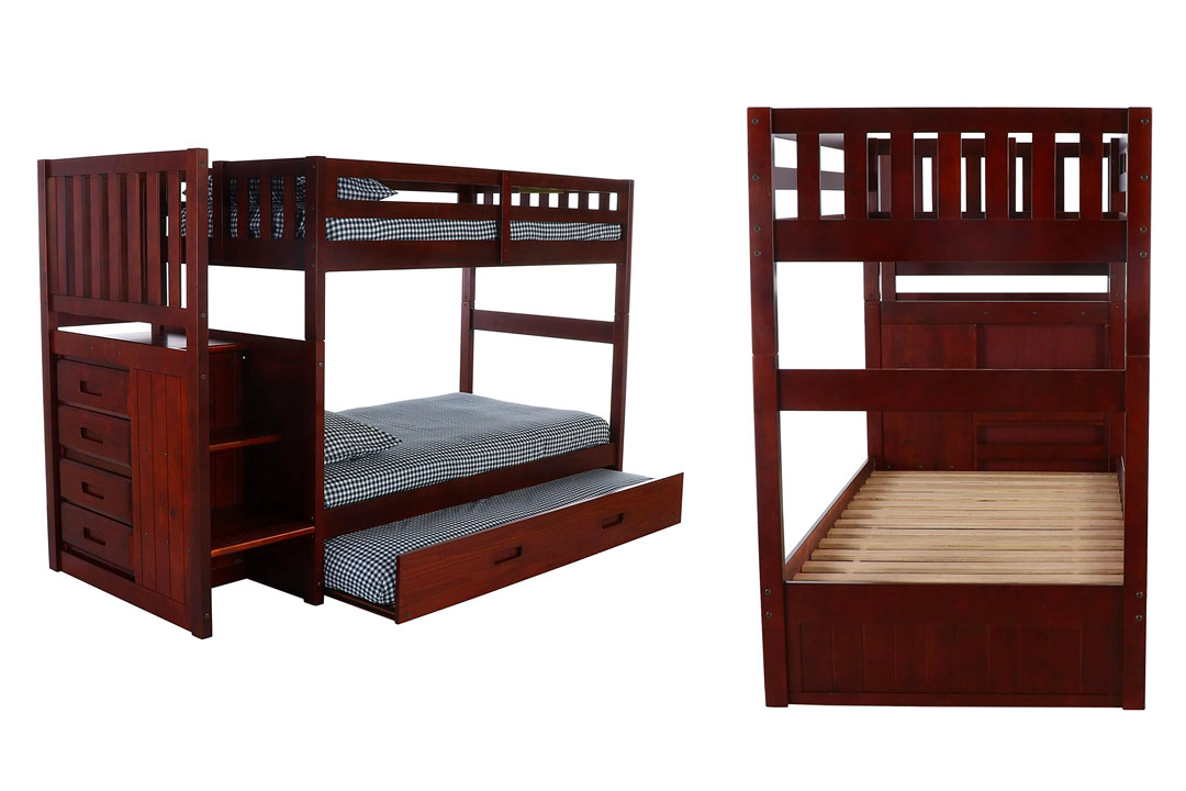 Discovery World Furniture Staircase Bunk Bed with Trundle, Twin over Twin (Merlot)