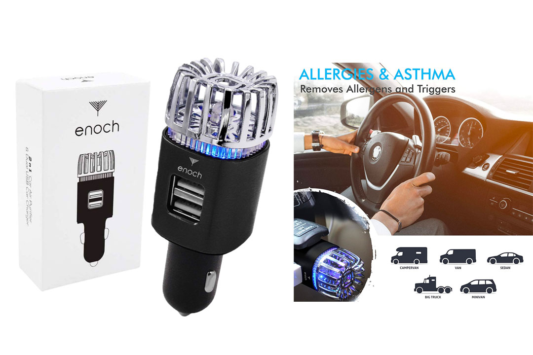 Enoch Car Air Purifier with USB Car Charger 2-Port. Car Air Freshener Eliminate Odor