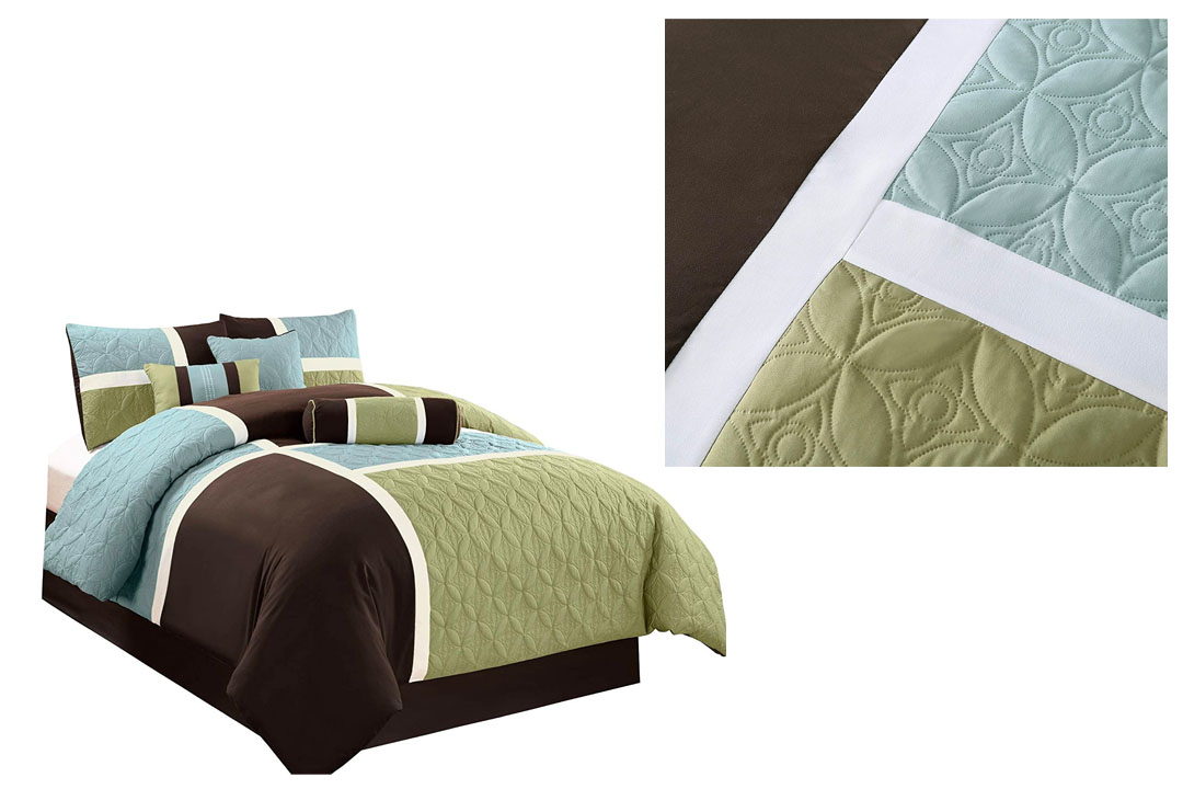 Chezmoi Collection 7-Piece Coffee Quilted Patchwork Comforter Set, Queen, Aqua Blue Sage Green