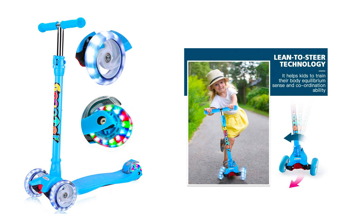 OUTON Kick Scooter for Kids 3 Wheel Lean to Steer Adjustable Height Extra Wide Flashing PU Wheels for Children from 3 to 12 Years Old