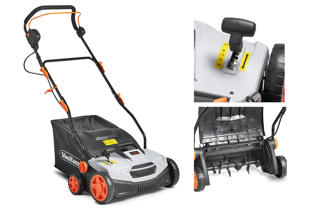 VonHaus 12.5 Amp Corded 15" Electric 2 in 1 Lawn Dethatcher Scarifier and Aerator with 5 Working Depths and 45L Collection Bag