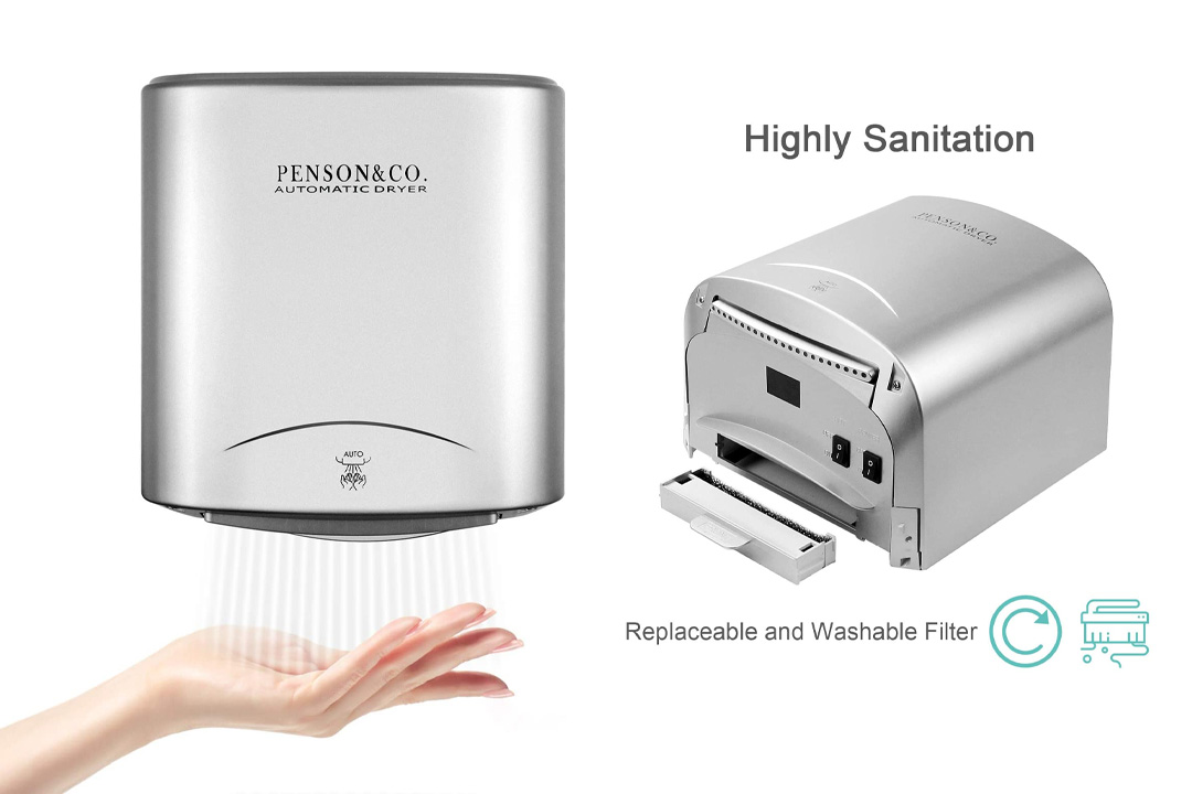 PENSON & CO. Super Quiet Automatic Electric Hand Dryer Commercial High Speed 95m/s, Silver, Instant Heat & Dry