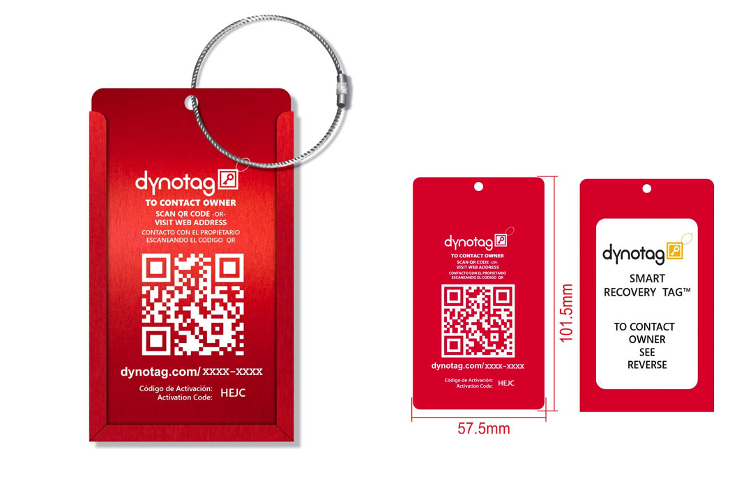 Dynotag Web Enabled QR Smart Aluminum Convertible Luggage Tag w. Steel Loop in Six Colors