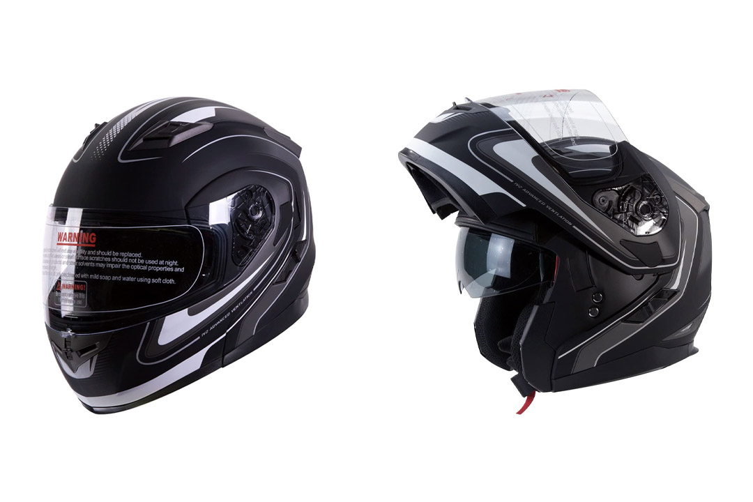 IV2 Mars Dual Visor Modular Flip Up Matte Black with White Stripes Motorcycle Snowmobile Helmet