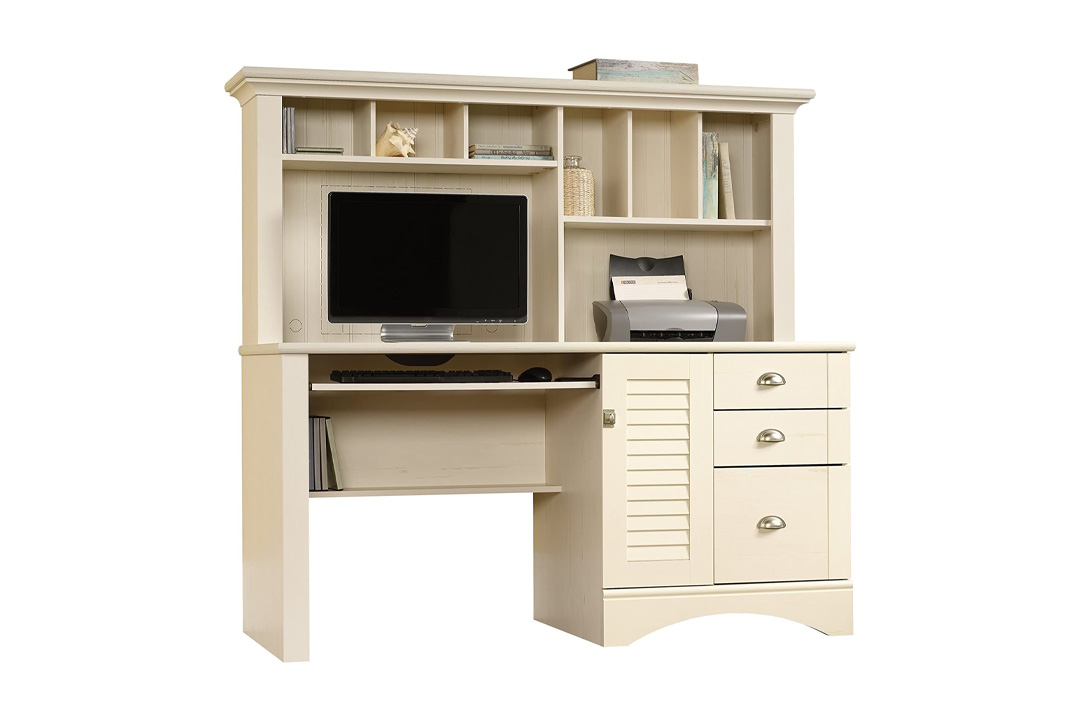 Sauder Harbor View Computer Desk with Hutch, Antiqued White