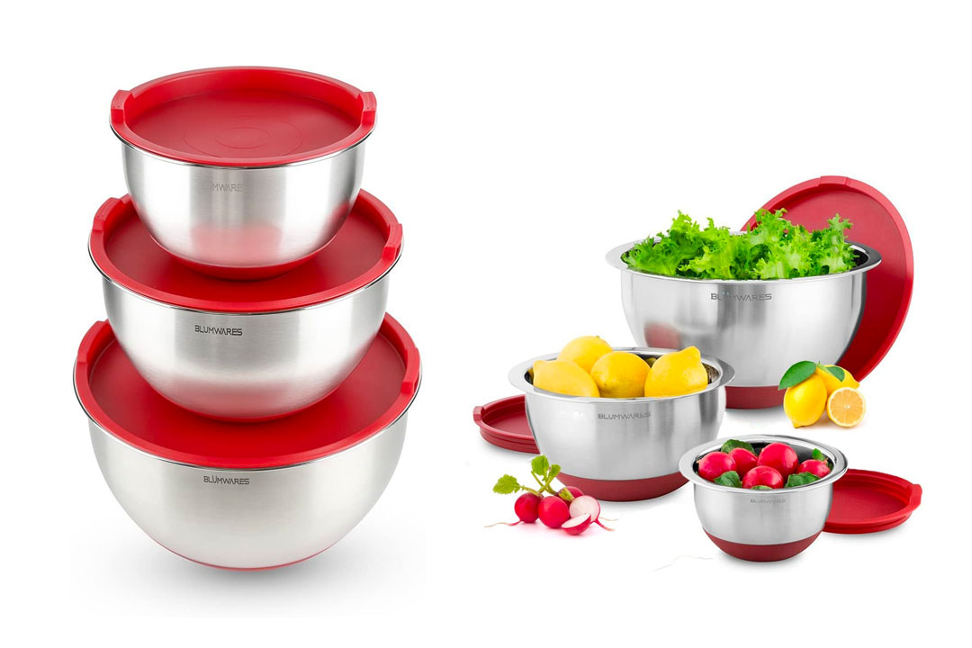 Stainless Steel Mixing Bowls with Lids & Non-Skid Rubber Grip Bottoms Set of 3. By: Blümwares