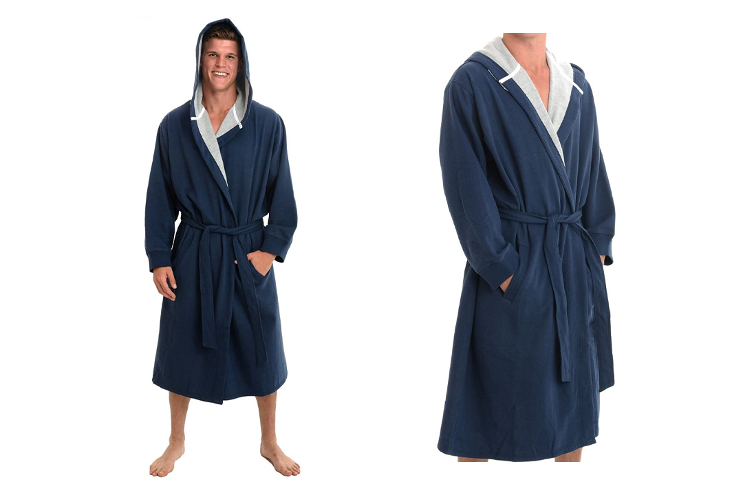 Alexander Del Rossa Mens Cotton Robe, Sweatshirt Style Hooded Bathrobe