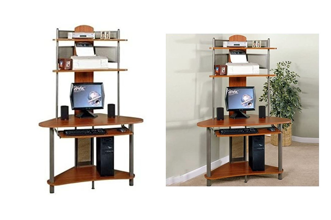 Studio RTA A-Tower Corner Wood Computer Desk with Hutch in Pewter and Cherry