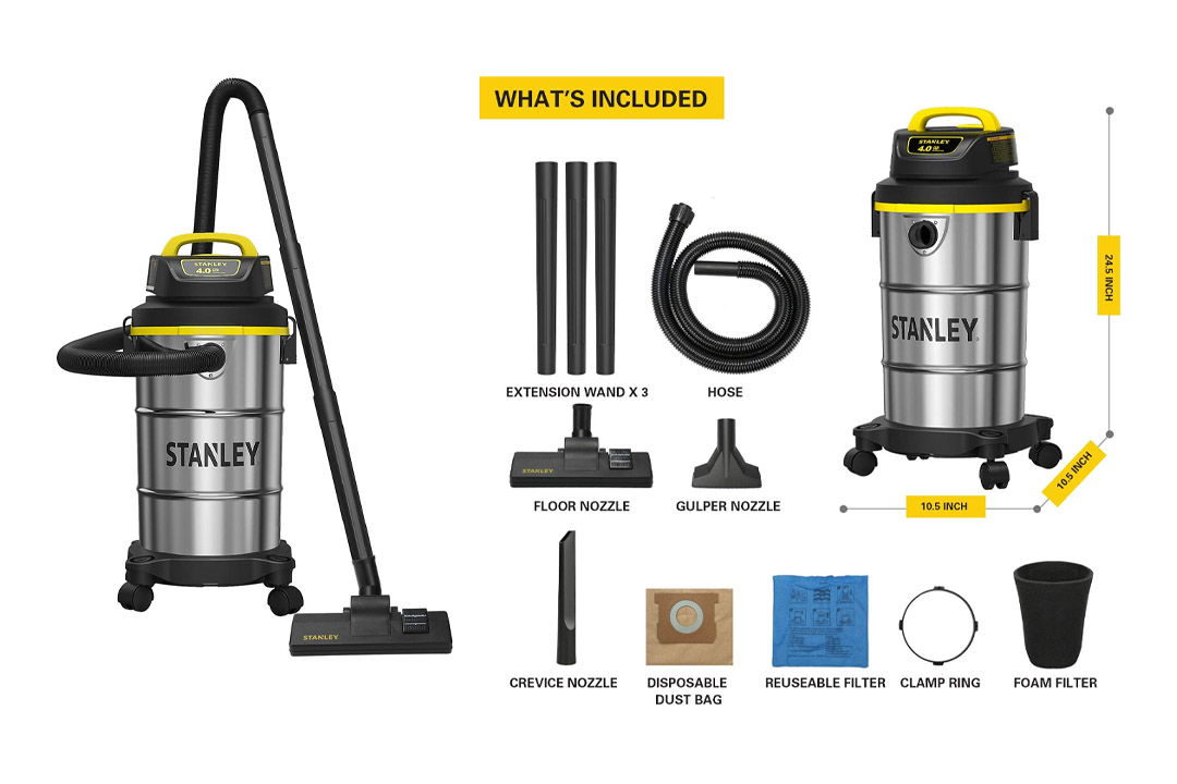 Stanley Wet/Dry Vacuum, 5 Gallon, 4 Horsepower, Stainless Steel Tank