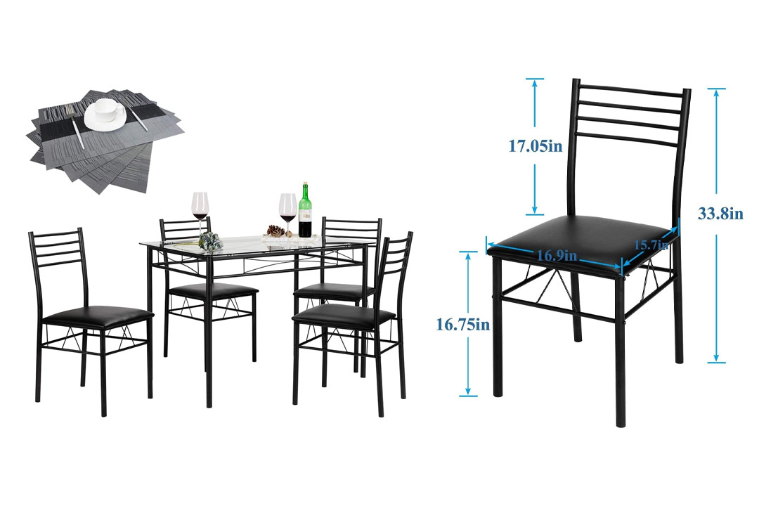 VECELO 5PC Glass Table and 4 Chair Sets Metal Kitchen Room Furniture